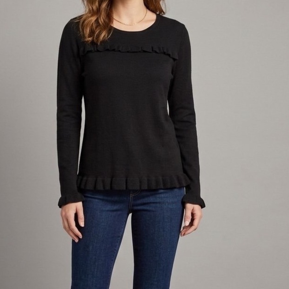 Talbots Ruffle Crew Neck Sweater Cashmere Blend Black Size Large Feminine Dressy